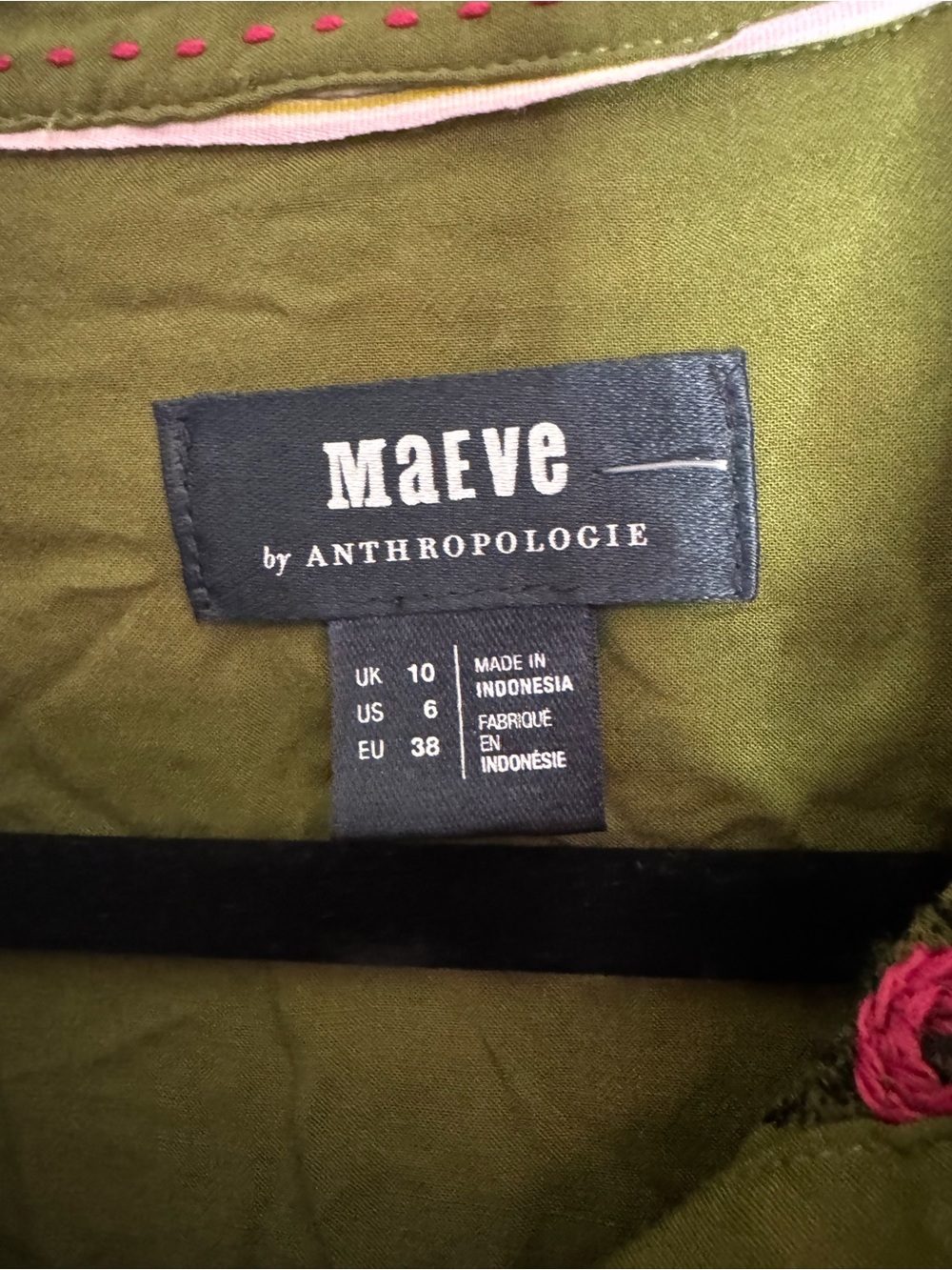 Maeve Olive Green Pink and Orange Floral Embroidered Button Up Blouse - Size 6 - Picture 4 of 6